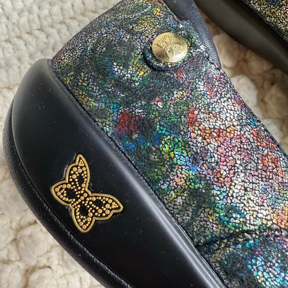 ALEGRIA Women's 41 Keli Floral Fusion Slip On Comfort Shoe Leather Metallic Blk - Picture 5 of 11